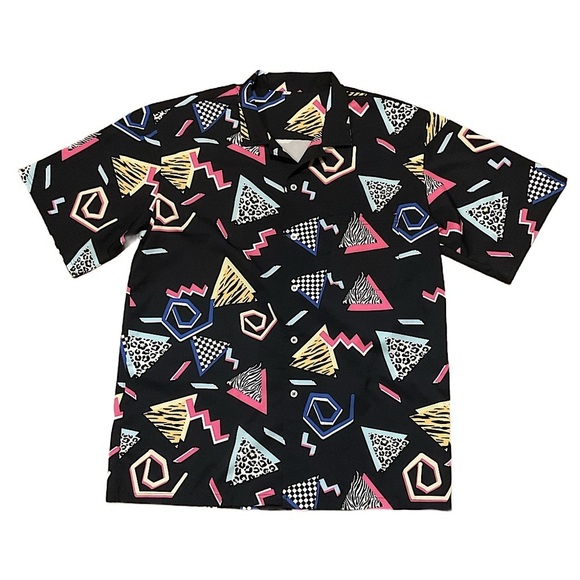 80s mens colorful geometric short sleeve shirt Button up retro stranger things - Picture 1 of 7